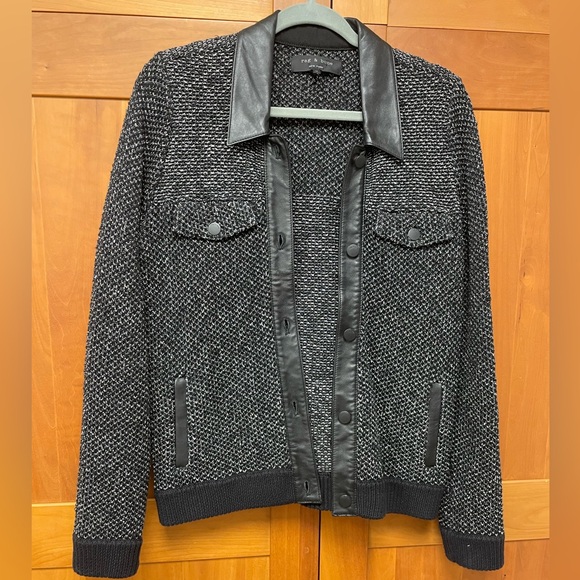 Rag and Bone ladies button down sweater jacket leather trim LIKE NEW! Size M - Picture 1 of 11
